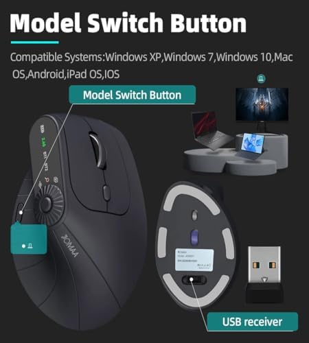 JOMAA Wireless 2.4G & Dual Bluetooth Three-Channel Ergonomic Vertical Mouse Adjustable DPI, Multi-Function Turntable for PC, Laptop, MacBook, Rechargeable (Black)