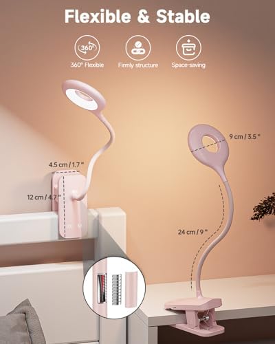 CUHIOY Rechargeable Clip on Reading Light for Bed Headboard, Pink, 1 Pack