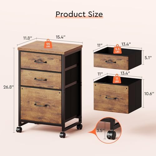 Maihail 3 Drawer File Cabinet on Wheels Fits A4 Size for Home Office