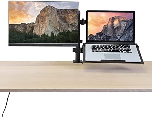 AEONS Monitor and Laptop Desk Mount Combo Stand with Notebook Tray fits 17 inch, 2-in-1 Adjustable Dual Arm Mount fits up to 32 inch LCD Screen with VESA, Clamp and Cable Management, Black