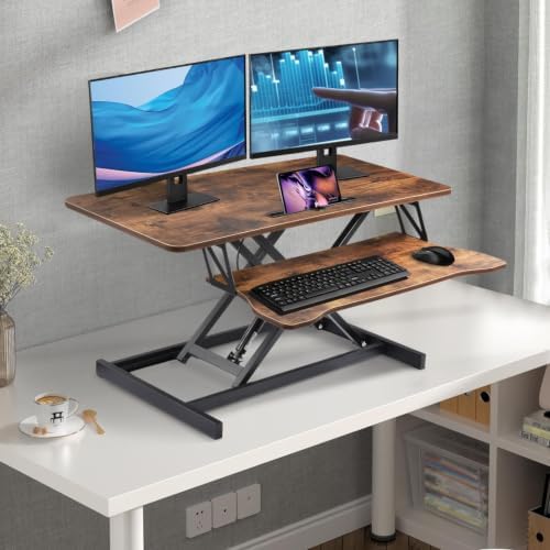 38-inch Standing Desk Converter Height Adjustable Sit to Stand Up Workstation, Duals Monitor and Laptop Riser with Wide Keyboard Tray, for Home, School, Company, Brown
