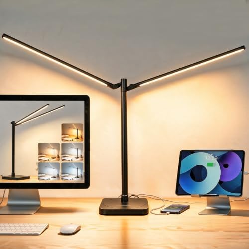 BOHON Desk Lamp for Home Office Dual Head 24W Swing Arm Task Lamp Black