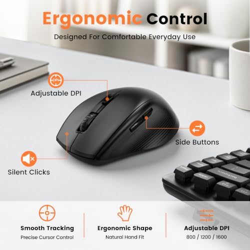SABLUTE Wireless Ergonomic Keyboard and Mouse Combo, Wave Key Layout, Black