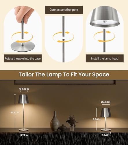 3 Pack Cordless Table Lamp, Portable Battery Operated Lamp with 3 Color Temps and Stepless Dimming, Rechargeable Table Lamp for Dinner, Desk, Cafe, Outdoor (Brushed Silver)