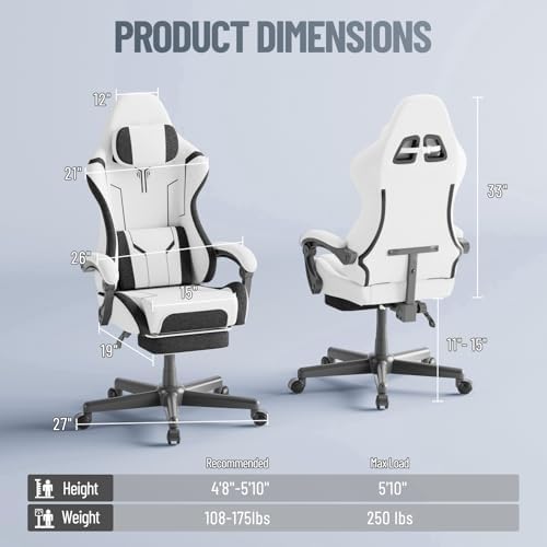 Ferghana Breathable Fabric Ergonomic Gaming Chair, Ergonomic High Back Gamer Chair with Footrest and Linkage Armrest, Office Computer Video Game Chair for Adult, White/Black