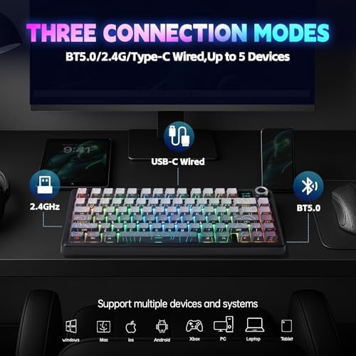 LEOBOG x Aula F75 MAX Wireless Gaming Keyboard w/Smart Display & Knob,75% Hot Swappable Custom Mechanical Keyboard, RGB Backlit,Pre-lubed Linear Switches,Side Printed PBT Topographic Keycaps(Grey)