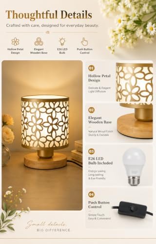 Green Small Table Lamp, LED Cutout Metal Bedside Lamp with 3 Color Temperatures for Office, Living Room, Bedroom, Dorm (Gold)