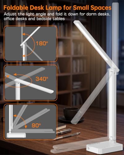 LED Desk Lamp with USB Charging Port for Dorm Office, 800lm, CRI 92, White