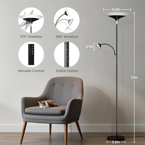 SIBRILLE Upgraded 2-in-1 Torchiere Floor Lamp, Dimmable Standing Lamp with Remote&Button Control, 34W Brightness Adjustable Floor Reading Light, Black Modern Corner Lamp for Living Room Bedroom Office