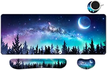 MIBITRI Keyboard Mouse Pad Set, Extended Gaming Mouse Pad+Ergonomics Keyboard Wrist Rest Support, Memory Foam, Easy Typing Pain Relief, 3Pcs XXL Ultra Thick Desk Mat, Moon Forest