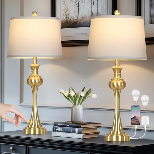 Cinyirong 28.75" Gold Table Lamps for Living Room,Touch Lamps for Bedrooms Set of 2 - Nightstand Table Lamp with USB C+A, 3 Way Dimmable Bedside Lamps End Tables, Antique Brass