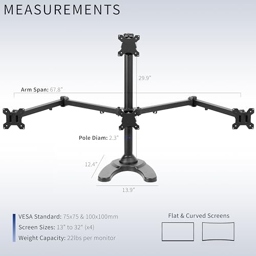 VIVO Quad Monitor 13 to 32 inch LED LCD Freestanding Desk Stand, 3 Plus 1 Articulating VESA Computer Mount, Holds 4 Screens, Fully Adjustable for Home Office Workstation, Black, STAND-V104F