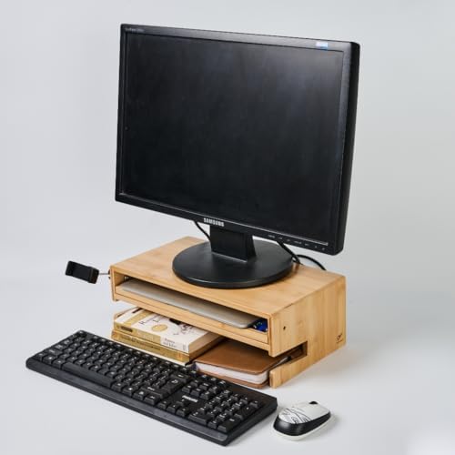 Wood Monitor Stand Riser Organizer for Desk Top with Storage Drawer & Phone Holder,Bamboo Monitor Stand with Keyboard Tray, Non Slip Desk Riser, Desk stand for computer monitor