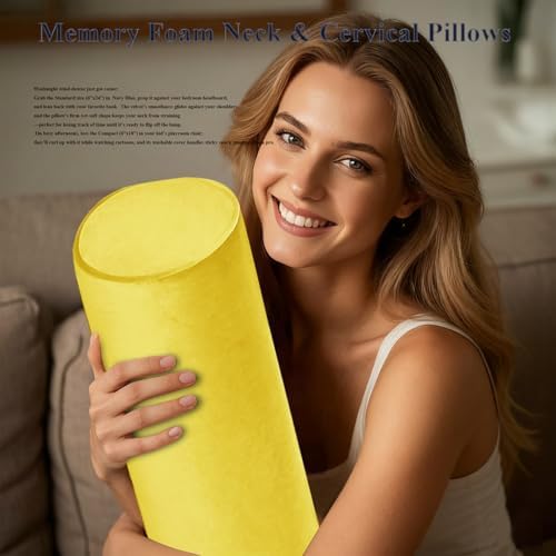 Tinbolunce Memory Foam Roll Pillow for Knee/Leg/Neck - Full Moon Bolster/Round Cylinder Pillow for Sleeping on Side or Back - Removable Cooling Cover Length 18" x 6" Diameter (Yellow, 18X6)