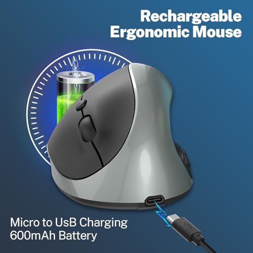 Ergonomic Mouse,Rechargeable Small Vertical Mouse with 6 Buttons Adjustable 800/1200/1600 DPI Purple Wireless Mouse for Laptop, Desktop, PC, MacBook (Gray)
