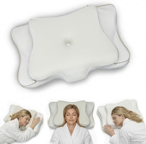Ergonomic Cervical Neck Pillow for Sleeping – Cooling Memory Foam Cervical Pillow for Side Sleepers and Back Sleepers – Contour Neck Support (White/Gold, Cooling)