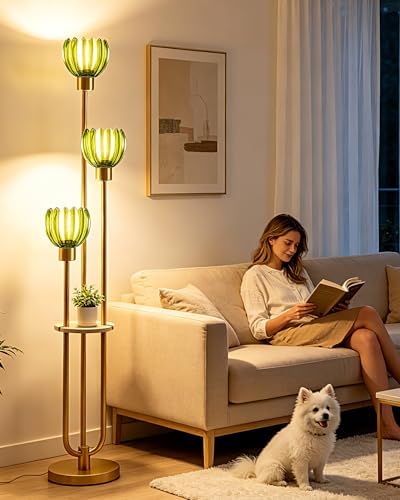 Lightdot Lotus Glass Floor Lamp with Shelf Green Flower Gold Floor Lamps