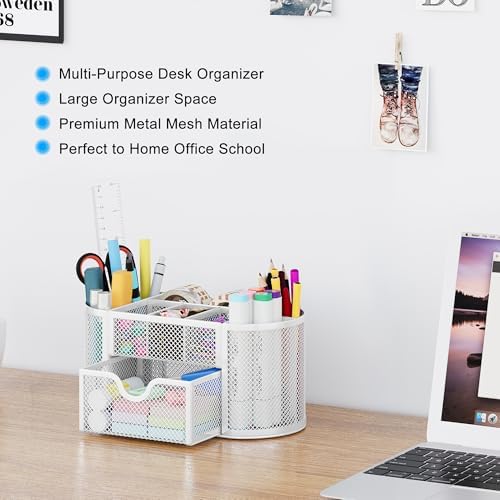 EasyPAG Mesh Pen Holder Desk Organizer with Drawer Stationery Supplies Organizer for Dorm School 9 Compartments Workspace Desk Accessories Organization for Office, White