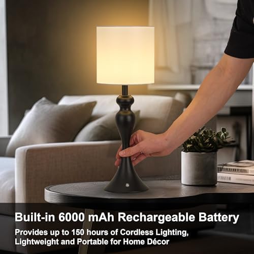 Cordless Table Lamp Rechargeable, Battery Fabric Bedside Touch Light, Black
