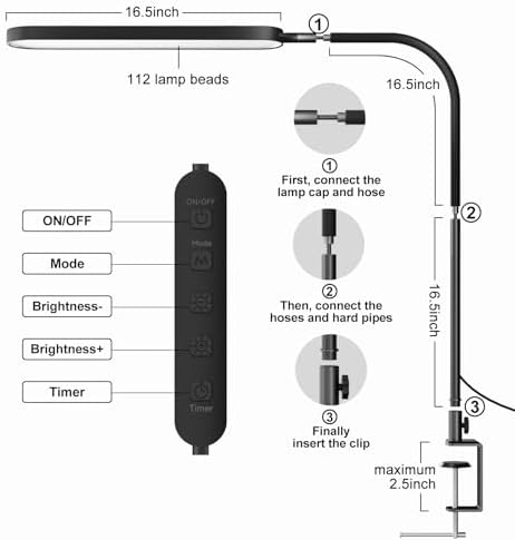 SKYLEO Led Desk Lamp - Desk Light for 33.5" Tall - Flexible Gooseneck - 5 Color Modes X 11 Brightness Levels - 1300LM - Timmer & Memory Function - 12W Clip on Light - Black