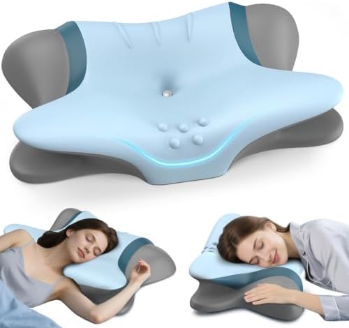 Pain Relief Cervical Neck Pillow, Ergonomic Contour | Q-Max Cooling | Non-Temperature Memory Foam | Side/Back/Stomach Sleeper Support for Sleeping, Reading, Scrolling (GreyishBlue)