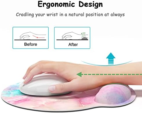 Ergonomic Mouse Pad with Wrist Support, Marble Style Memory Foam Wrist Rest Mouse Pads, Cute Laptop Computer Office Accessories Decor, Pain Relief Mousepad for Gaming Typing Work Women, Pink