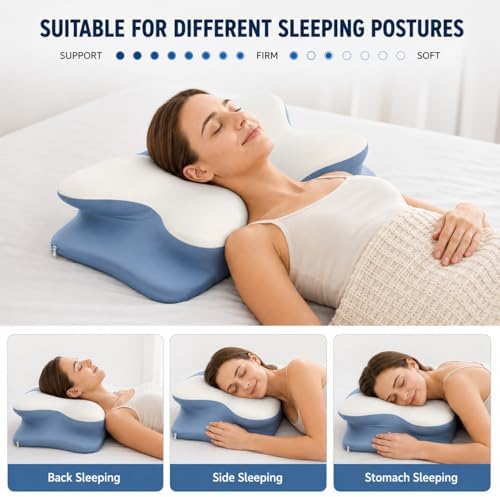 Ergonomic Cervical Memory Foam Pillow for Neck and Shoulder Support, Contour Butterfly Bed Pillow with Breathable Cover, Neck Support Pillow for Side Back and Stomach Sleepers (Blue)