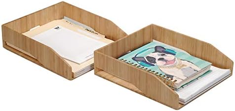 MobileVision 2 Pack Stackable Bamboo Paper Tray Office Organizer for Files, Documents, Letter Sorter, Envelopes and Magazine Holder