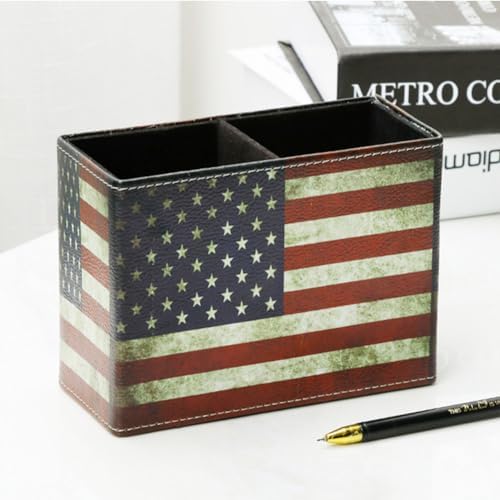 American Flag Desk Organizer, PU Leather Retro Vintage Cool Supplies, Patriotic Decor Pen Pencil Holder Office Home Accessories (USA Flag)