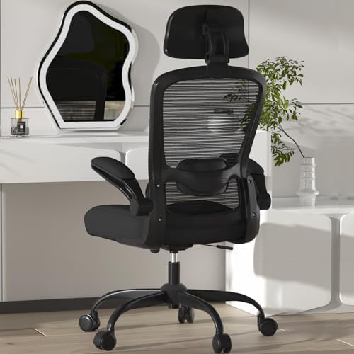 Mimoglad Office Chair, High Back Ergonomic Desk Chair with Adjustable Lumbar Support and Headrest, with flip-up Armrests for Guitar Playing, 5 Years Warranty (Modern, Black(Black Frame))