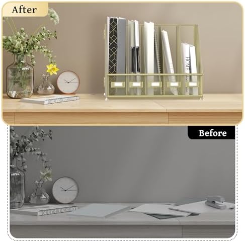 SUPEASY Desk Organizers Metal Desk Magazine File Holder with 5 Vertical Compartments Rack File Organizer for Office Desktop, Classroom, Home Workspace, Golden Yellow