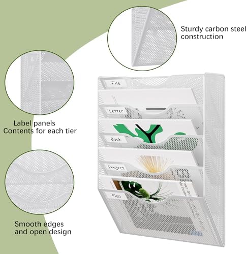 EasyPAG Wall File Organizer 5 Tier Hanging Paper Folder Holder, Zero Assembly Metal Mesh Wall Mounted Mail Organizer for Office Home Classroom Narrow Spaces, White