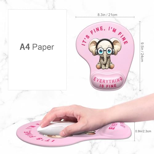 ITNRSIIET Ergonomic Mouse Pad Coaster Set with Gel Wrist Support Wrist Rest Smooth Surface Non-Slip PU Base Comfortable Office Supplies Pain Relief, 9.5 x 8.3 inches, Pink Pretty Elephant