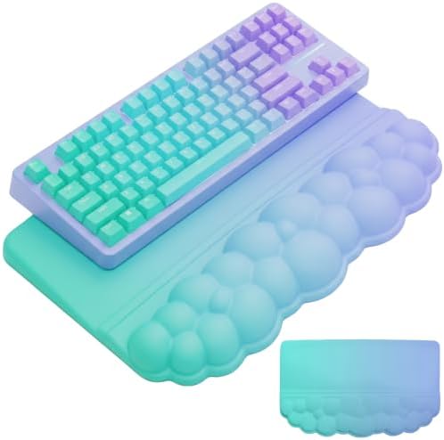 Computer Keyboard Stand Pad with Wrist Rest Green Blue Cloud Keyboard Pad Support with Comfortable Gradient Wrist Pad Cute Girl Ergonomic Tilted Keyboard Riser Holder for Desktop Office Home