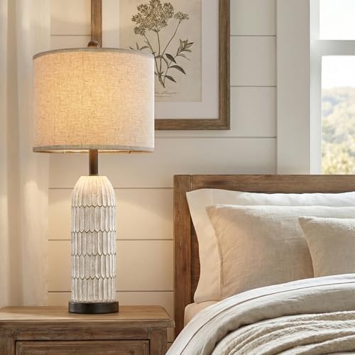 OYEARS 26.5" Bedside Table Lamps Set of 2, Farmhouse Table Lamp with USB A+C Charging Ports,Vintage Nightstand Lamp for Bedrooms and Living Rooms, Retro Resin End Table Lamp with Linen Shade,Black