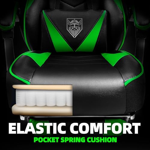 Vonesse Gaming Chair, High Back Gaming Chair with Footrest and Massage, Gaming Chairs for Adults with Pocket Spring Cushion, Big and Tall Reclining Computer Chair with Lumbar Support (Green/Black)