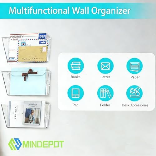 MINDEPOT 3 Pockets Acrylic Wall File Organizer Clear File Holder for Office