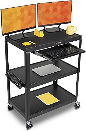Line Leader Extra Wide Rolling AV Cart - Adjustable Shelf Height Computer Stand Workstation, Includes Pullout Keyboard Tray, Lockable Wheels, Power Cord Management (Black, 42in x 32in x 20in)