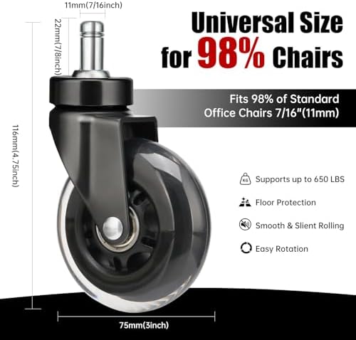 Hirate 5 Pack 3" Office Chair Caster Swivel Wheels for Standard 11mm Chairs