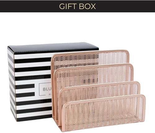 BLU MONACO Rose Gold Metal Mesh Letter Sorter | 3-Slot Vertical Mail Organizer for Desk, Office and Home | Compact Mail Holder for Envelopes, Documents and Files | Modern Desktop Organizer