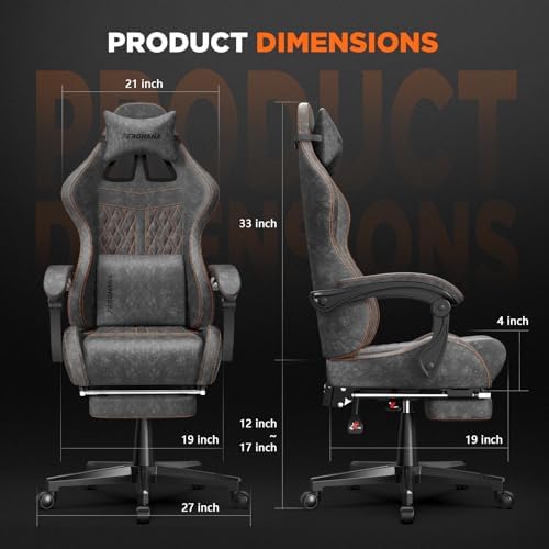 Ferghana Vintage PU Leather Gaming Chair, High Back Gamer Chair with Massage, Ergonomic Computer Office Chair with Footrest for Adults, Racing Style Reclining Video Game Chair Steel Gray
