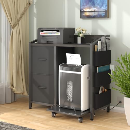 Printer Stand with Storage, Lateral Office Filing Cabinets with Power outlets & USB Charging Port, File Cabinet with Large Printer Stands for Home Office, Shredder Stand Rack (Black)