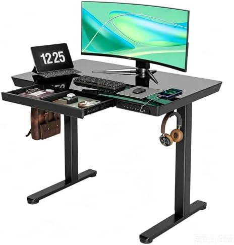 INNOVAR 40" Small Glass Standing Desk with Drawers & USB Ports, Whole-Piece Glass Top Adjustable Height Desks, Quick-Install Electric Sit-Stand Up Desk for Home Office & Computer Workstation, Black
