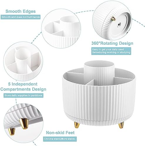 Cayxenful Pencil Holder For Desk,5 Slots 360°Degree Rotating Desk Organizers And Accessories,Desktop Storage Stationery Supplies Organizer, Cute Pencil Cup Pot For Office, School, Home (B-White)