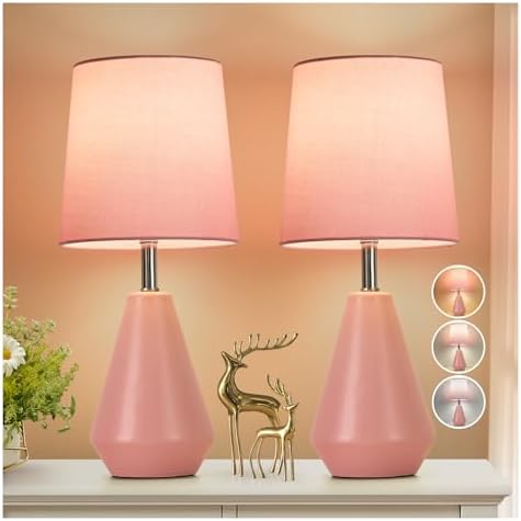 Small Bedside Table Lamp for Bedroom-Reading Desk Lamp Set of 2,with 3 Color Temperatures,15.5" Nightstand Ceramic Lamp with Fabric Shade for Kids Room,Living Room,Dorm,Home Office(Pink)