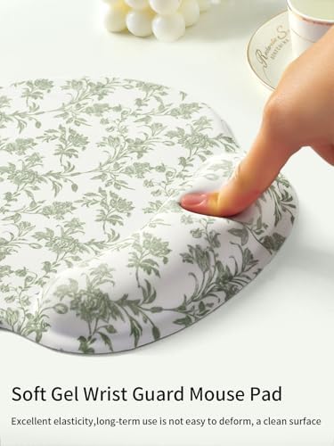 Seorsok Cute Sage Green Floral Mouse Pad with Gel Wrist Support Mouse Pad,Ergonomic Aesthetic,Comfort Mousepad for Office Work Computer,Pain Relief Mousepad with Non-Slip Silicone Base,Blooming Flower