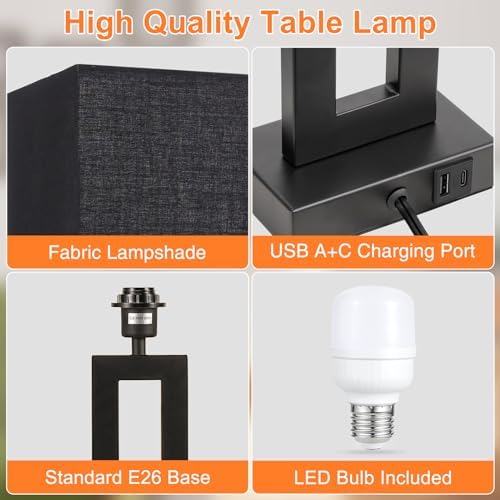 Seealle 22" Tall Living Room Lamps for Night Stands - Touch Bedside Lamp with USB C+A, 3 Way Dimmable Bedroom Lamps for End Tables Set of 2, Modern Night Stand Lamps for Bed Side(Black&Black)