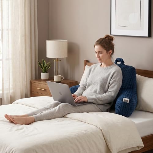 Reading Pillow with Arms for Sitting in Bed,Backrest,Blue Flannel,M