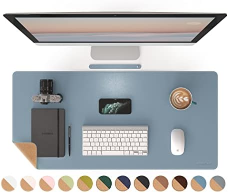 RENMTURE Dual-Sided Mouse Pad, Natural Cork & PU Leather Large Desk Pad for Office and Home Work, Desk Protector Non-Slip, Waterproof, Easy Clean (Blue Gray, 36"x17")