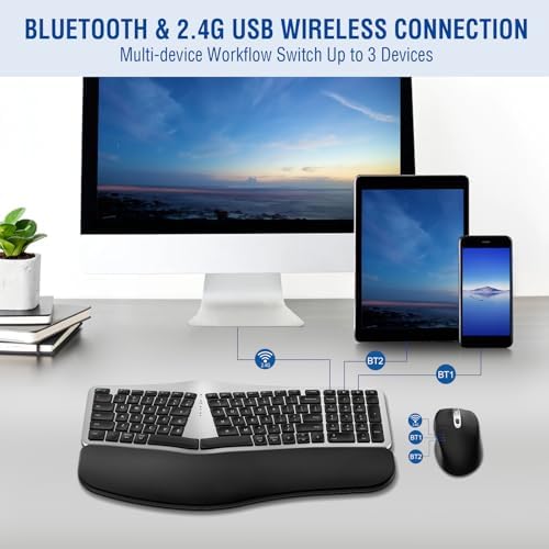 MK960 Ergo Wireless Keyboard Mouse Combo, Bluetooth/2.4G Split Design Keyboard with Palm Rest and 4 Level DPI Adjustable Wireless Mouse, Multi-Device, Rechargeable, for Windows/Mac/Android(Silver)